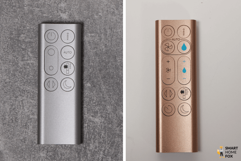 Die Fernbedienung vom Dyson Turmventilator und Humidify+Cool Luftbefeuchter und Luftreiniger liegen nebeneinander im Vergleich